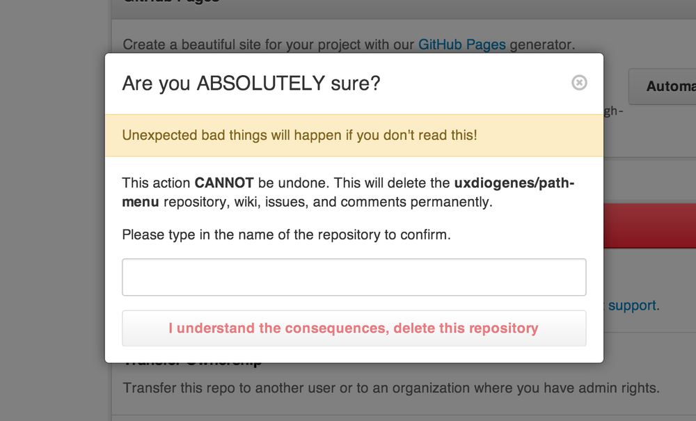 The GitHub delete confirmation dialog.