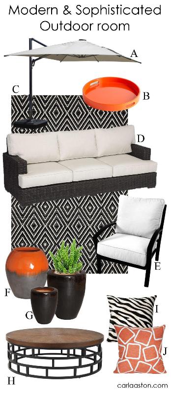 Stylish, modern backyard decor & furniture | Featuring: pillow; coffee table; planter; ceramic jar; chair + ottoman; walnut sofa; rug; tray; umbrella.