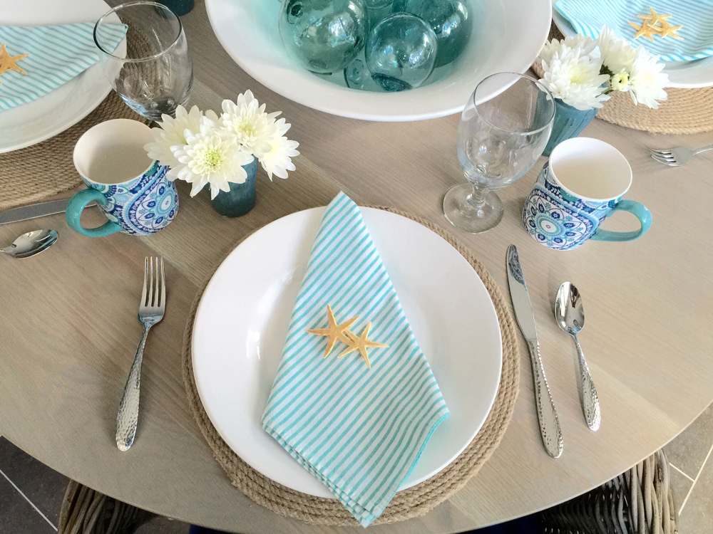 Coastal tabletop, beach inspired entertaining, turquoise and white | Interior Designer: Carla Aston