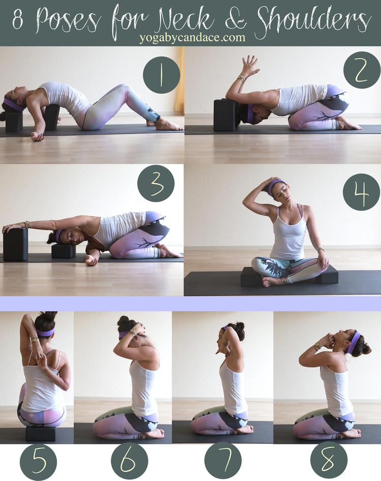 Pin it! 8 Yoga poses for neck and shoulders.  Wearing: Teeki northern lights pants, old tank (similar), Lululemon headband (similar). Using: Wellicious divine mat, yoga blocks.