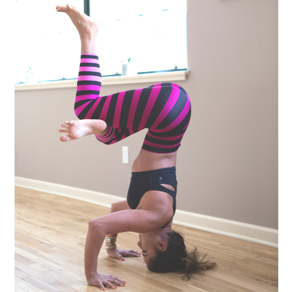 Pin now, practice later - Funky Transition from tripod headstand to baby flying pigeon Wearing: K Deer capris, Lanston sports bra