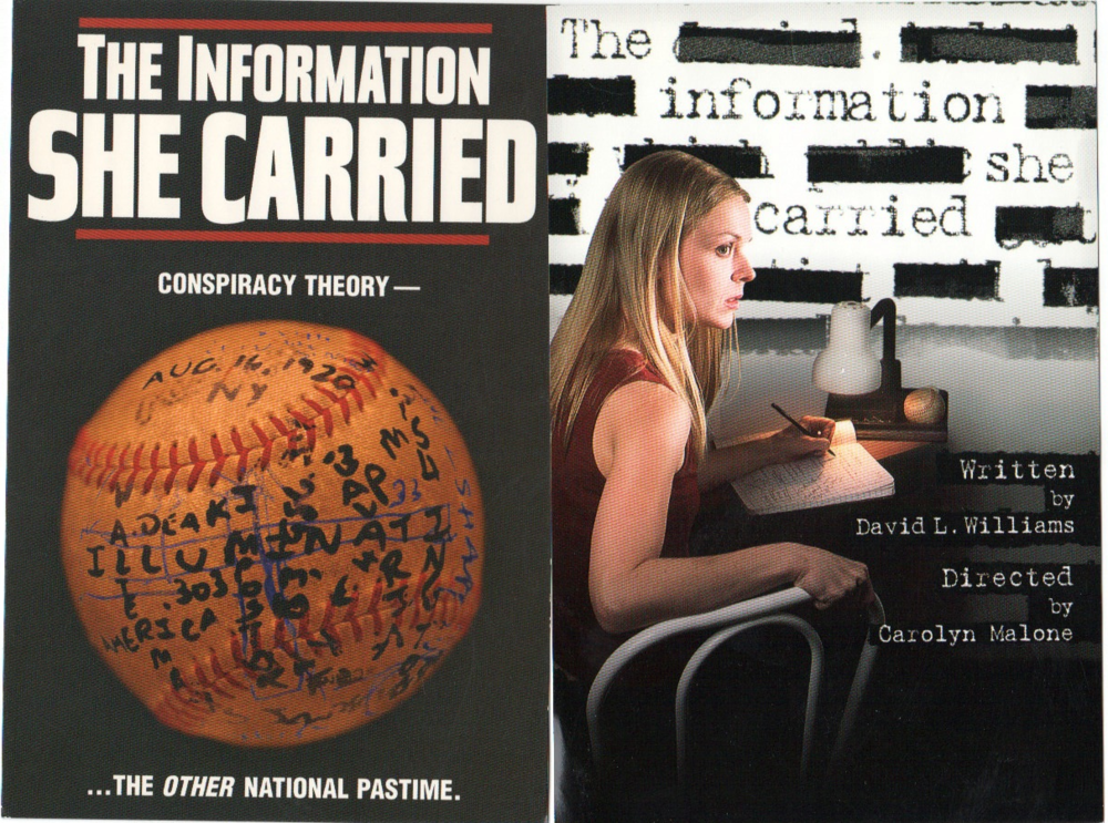 The postcards for the Fringe and non-Fringe productions of The Information She Carried