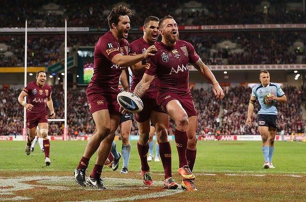 Over 3 million Australians watch on as Darius Boyd celebrates for the Maroons. image source: SMH image copyright: Getty