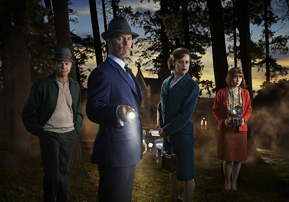 Rodger Corser, Craig McLachlan, Nadine Garner and Anna McGahan star in a new season of The Dr Blake Mysteries. image - supplied/ABCTV