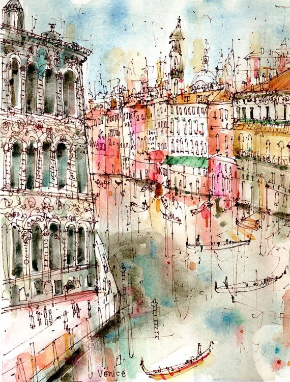 Sky Print Italy Painting Church View Water Art Venice Canal Bridge Grand Canal Watercolour Painting Buildings Palace City