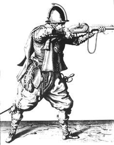 17th century image of a man in armor with musket.  Myles Standish would have worn similar armor, clothing and used similar weapons to those seen here.