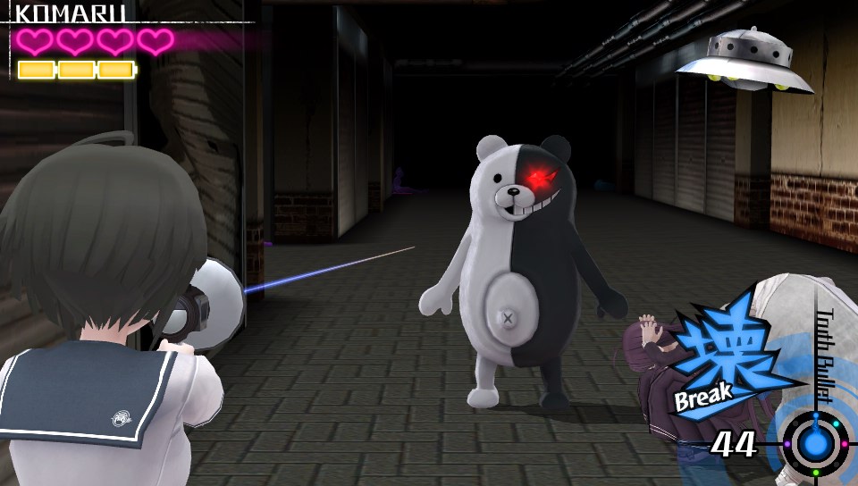 Komaru, with the Hacking Gun and an attacking Monokuma Bot