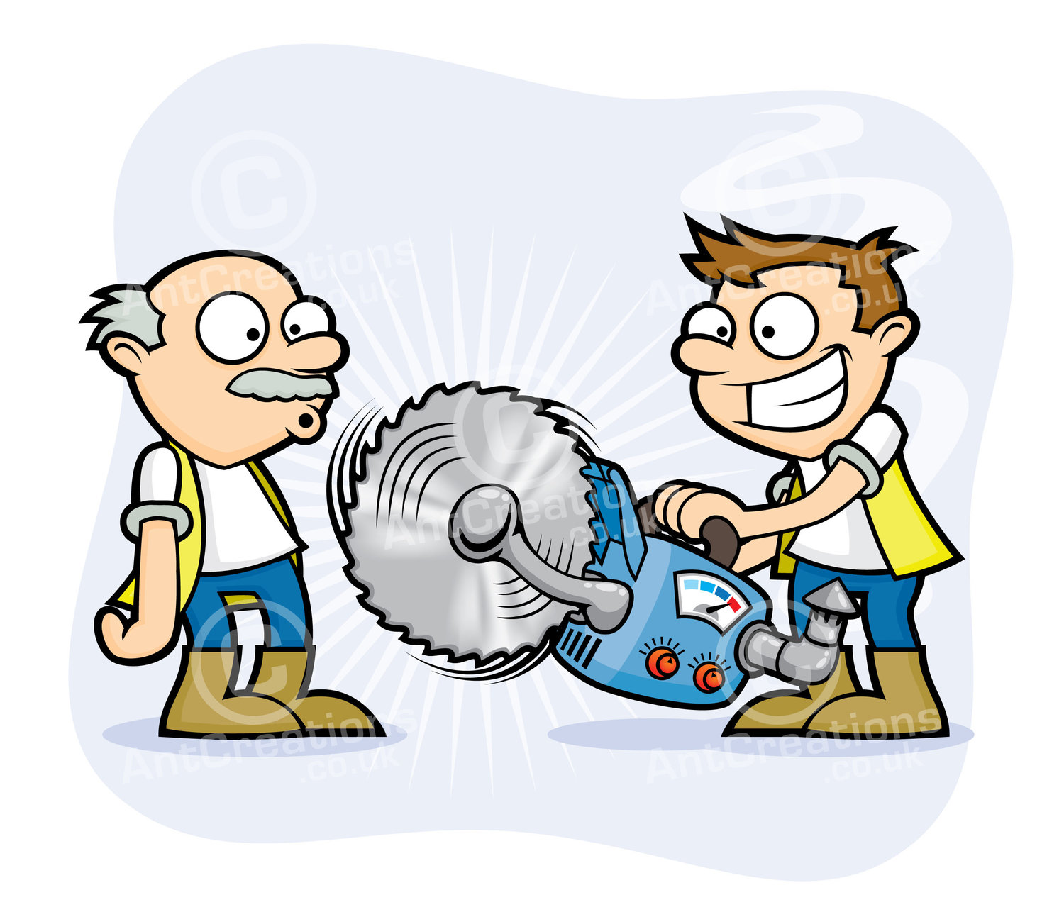 Health and Safety Workmen Circular Saw — Vector Illustrator | Cartoons |  Characters | Graphic Designer