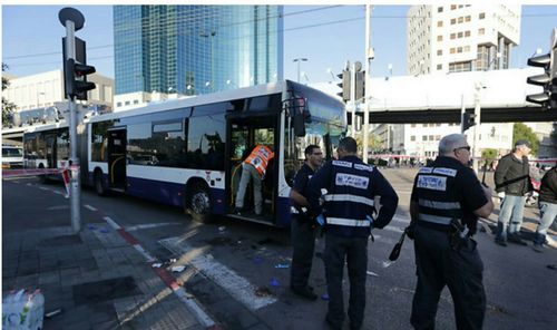 The scene of Wednesday's Palestinian terrorist stabbing attack on a bus in Tel Aviv. Credit: United Hatzalah.