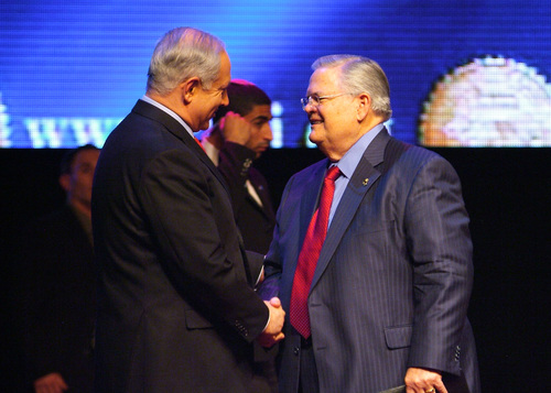 Click photo to download. Caption: Israeli Prime Minister Benjamin Netanyahu (left) and Christians United for Israel (CUFI) founder Pastor John Hagee shake hands in Jerusalem in 2010. Credit: CUFI.