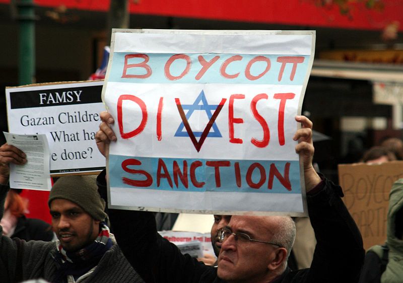 Click photo to download. A Boycott, Divestment and Sanctions (BDS) protest against Israel in Melbourne, Australia, on June 5, 2010. Credit: Mohamed Ouda via  Wikimedia Commons.