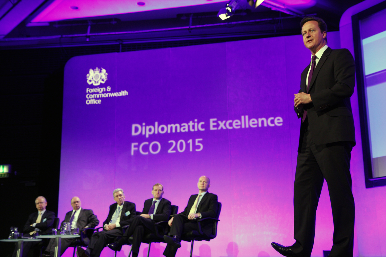 Click photo to download. Caption: British Prime Minister David Cameron (far right), leader of the Conservative Party, speaks at the FCO 2011 Leadership Conference in London in May 2011. Credit: Foreign and Commonwealth Office.