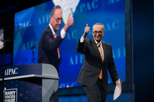 Sen. Chuck Schumer (D-N.Y.), pictured here at the 2017 AIPAC Policy Conference, said the evidence gathered on the Go Palestine summer camp's anti-Israel activities is “disturbing” and that USAID “must immediately investigate it.” Credit: AIPAC.