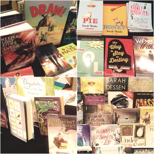 Clockwise from top left: Simon & Schuster, Scholastic, Penguin, Random House exhibits showed new and upcoming releases from each publisher