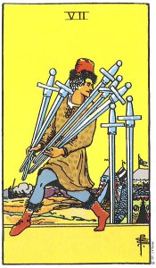 7 of Swords from the Rider Waite Smith deck.