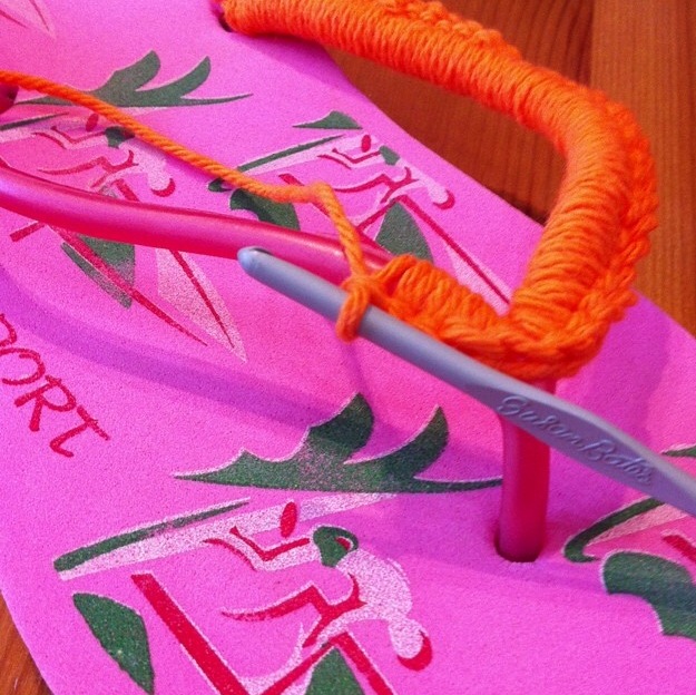 A great idea for customizing your flip-flops from Lisa at Hidden River Yarns. A great idea for using up scraps!