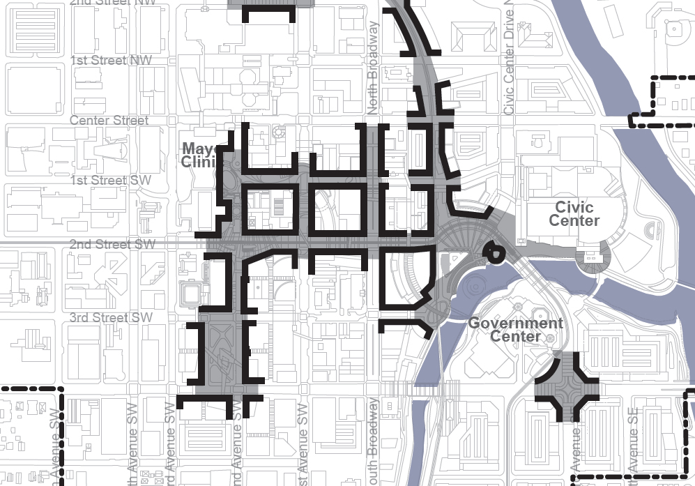 Image from the DMC Development Plan showing areas highlighted in black slated for "active ground floor uses"