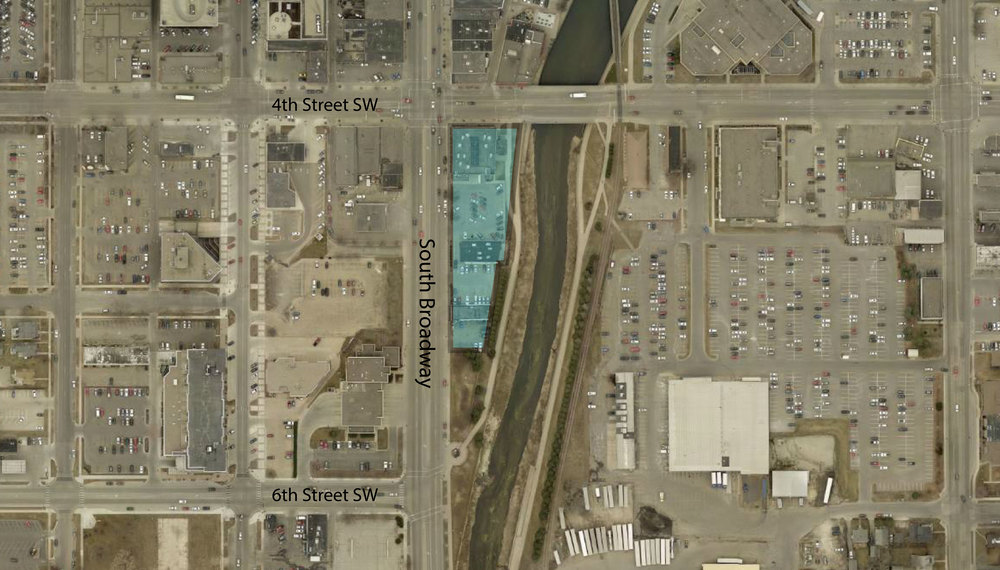 Aerial view of downtown Rochester with competition site highlighted
