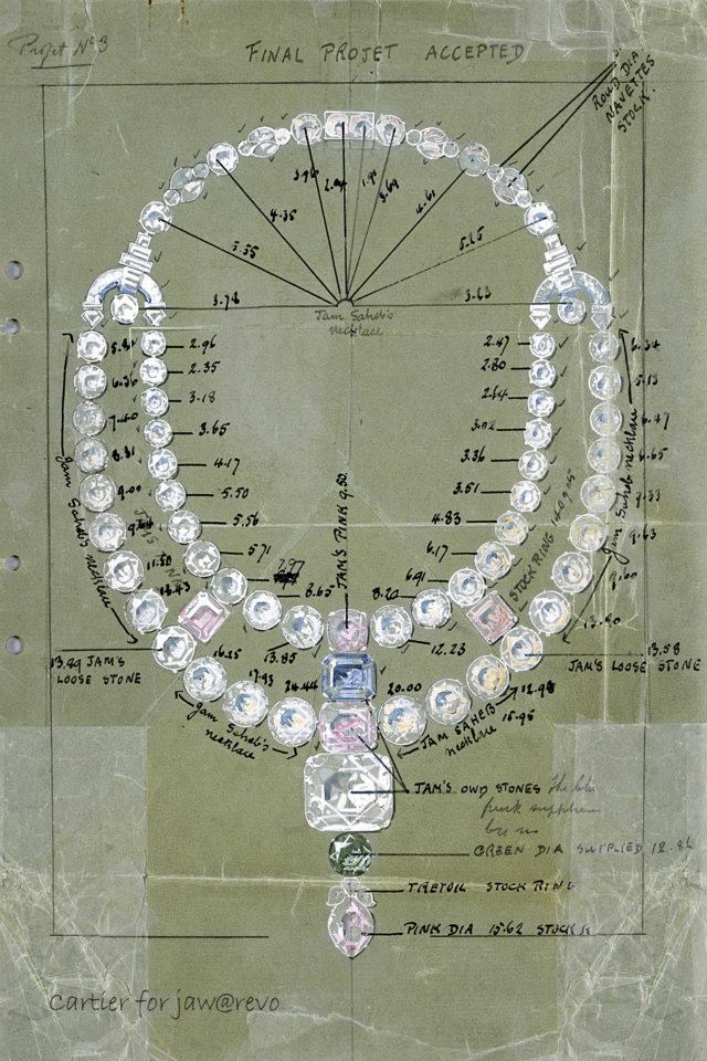 Drawing of the ceremonial necklace for the Maharajah of Nawanagar, 1931, London Cartier Archives. Jacques Cartier presented the Maharaja with a dazzling project. Sadly, the Maharaja of Nawanagar had little time to wear the “finest cascade of coloured diamonds in the World”. He died in 1933, two years after the necklace was delivered. 