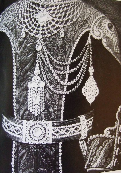 End of 19th century rendering by Chaumet staff designer, of a proposed ensemble of ornaments for the uniform of a Maharaja. Rendering shows the use of diamonds, emeralds and pearls. Courtesy Chaumet.