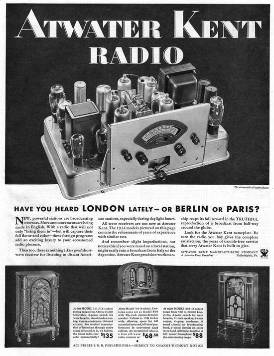 Vintage 1934 Atwater Kent Radio Print Ad