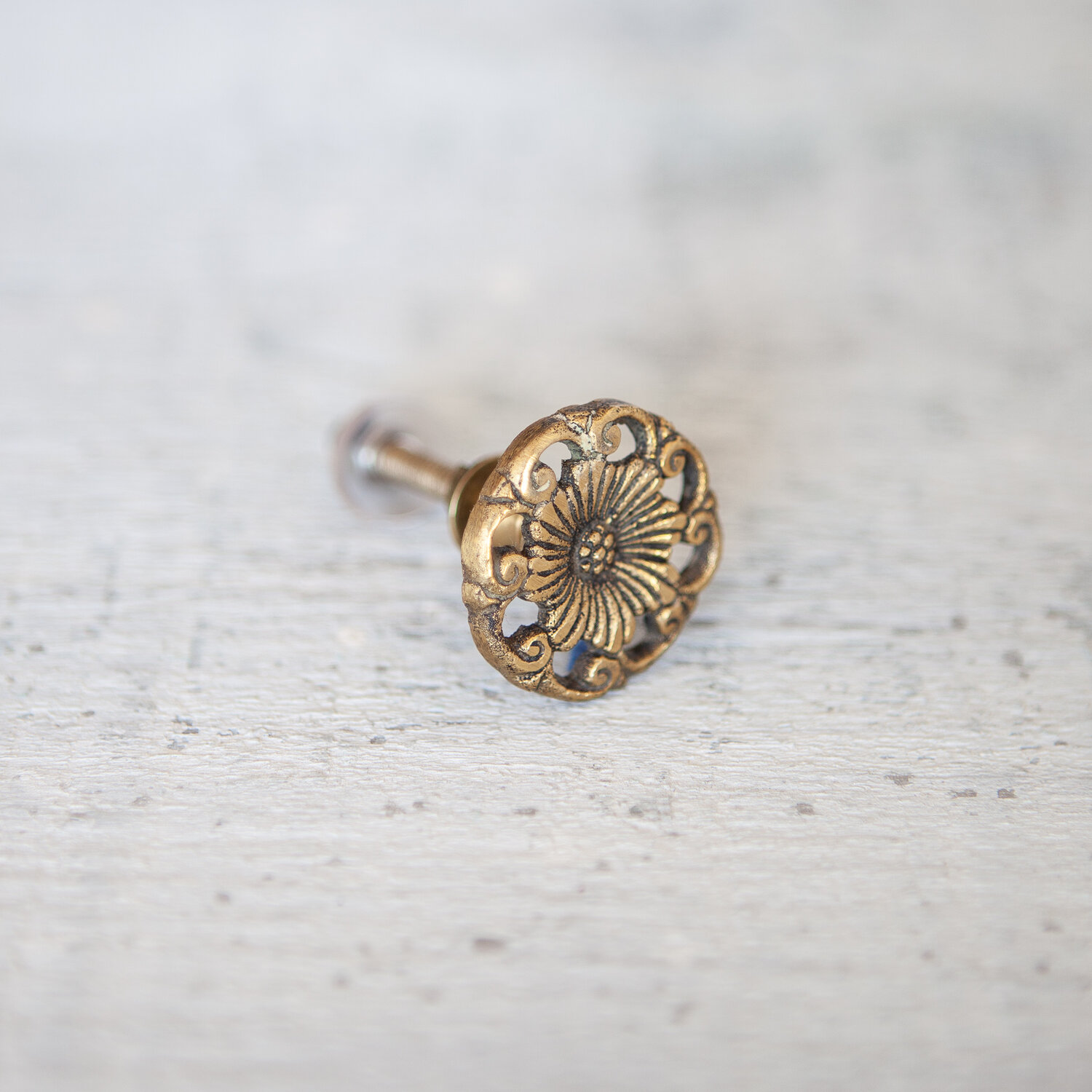 Small brass knob, antique brass floral cutout pattern — Mango