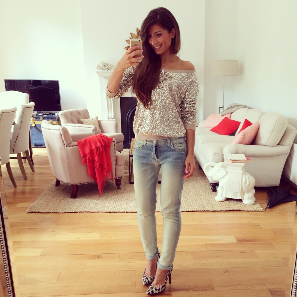 Sweater- H&M, Jeans- 7 For All Mankind, Hees- Stella McCartney