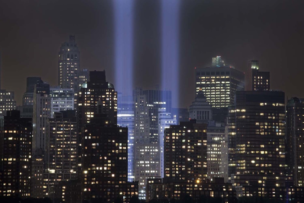 Tribute in Light after 9/11.  As a temporary installation that ran from March 11  to April 14, 2002 the lights are now used during anniversaries.