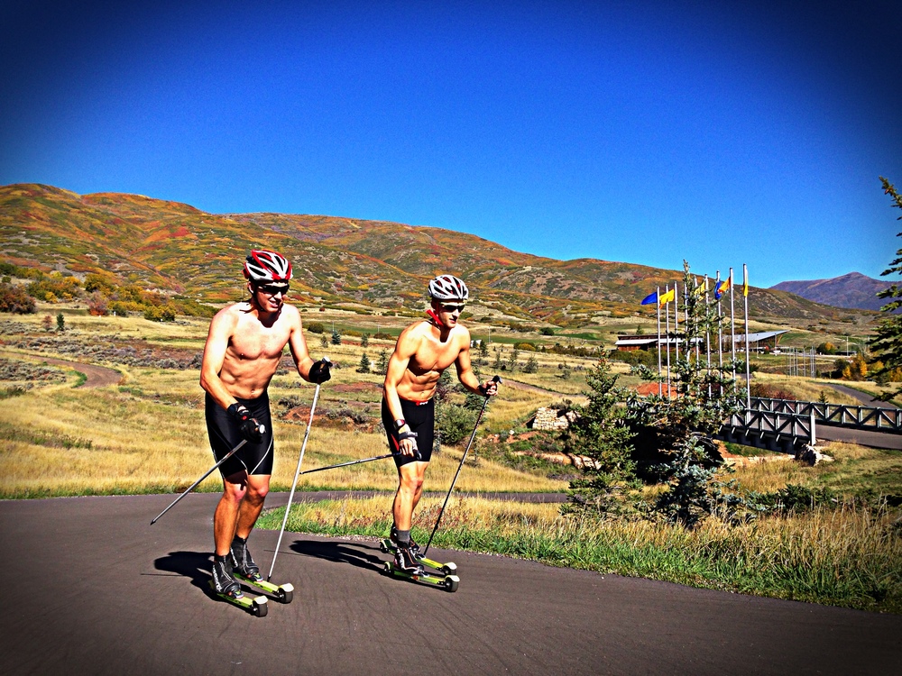 Alaska Pacific University athletes Eric Packer and Scott Patterson skiing on the Soldier Hollow track, the 2002 Olympic venue.