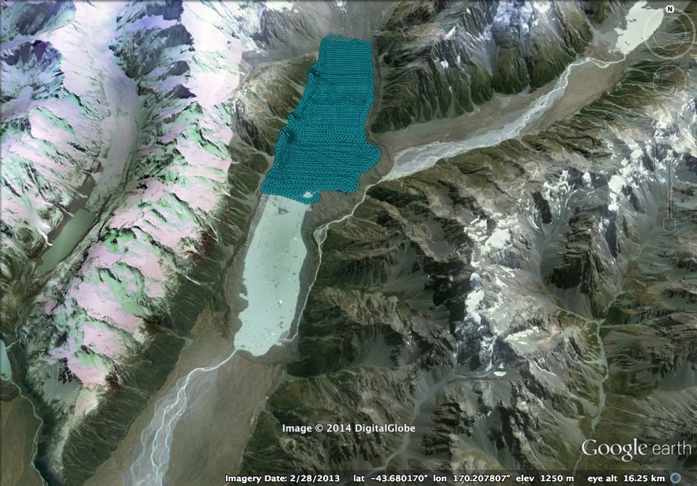 Blue markers show aerial photo locations atop Tasman Glacier. The full survey spanned over 6km in length along the glacier.