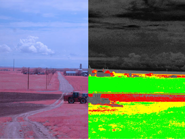 A Difference Vegetation Index (DVI) image of a farm. High vegetation density is shown in green, poor density in red, and non-vegetation in black. DVI is calculated by subtracting the green signal from the NIR signal.