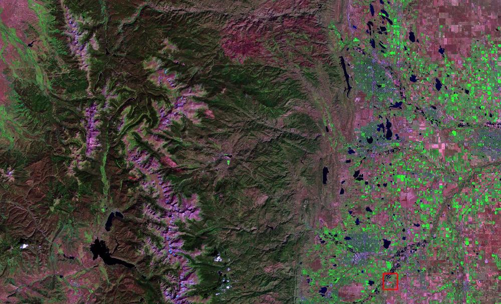 Landsat 8 color infrared composite image acquired over the Colorado Front Range, September 20th, 2014.  The test plot is inside the red box.