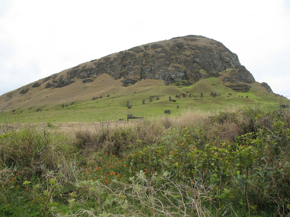 A volcanic crater, covered in Moai.