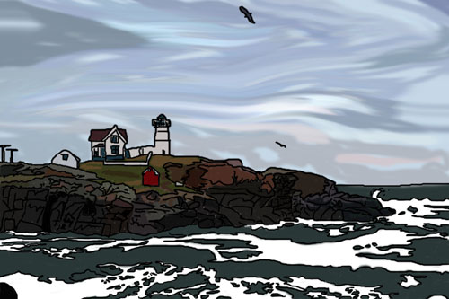 This is #2 in a series of New England illustrated postcards I’m working on. This comes from a really amazing photo we took at Cape Neddick Lighthouse in Maine. I just traced over the photo, first lines and then colors.
