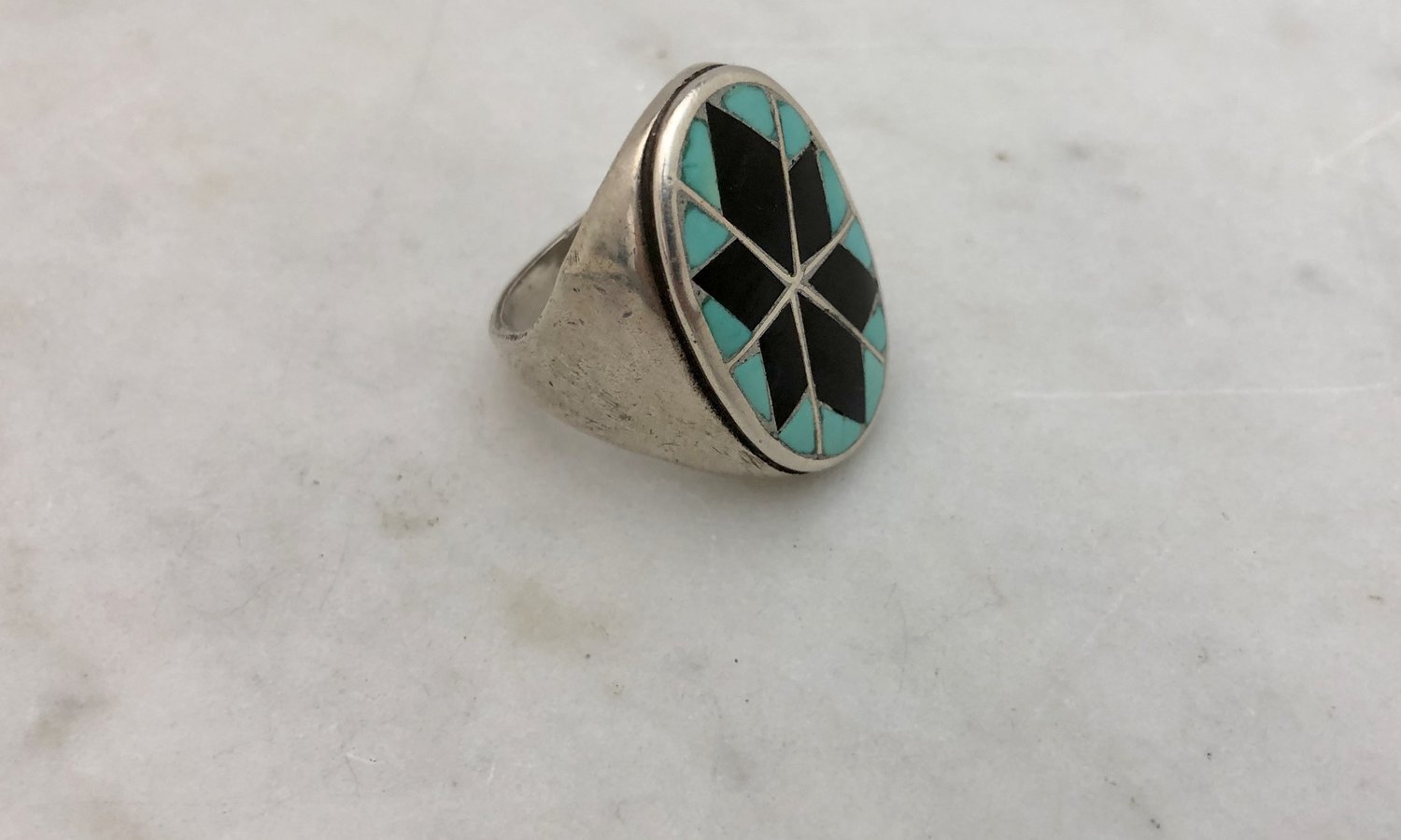 Vintage Zuni Inlaid Silver Turquoise & Black Onyx Star Ring — Worn 