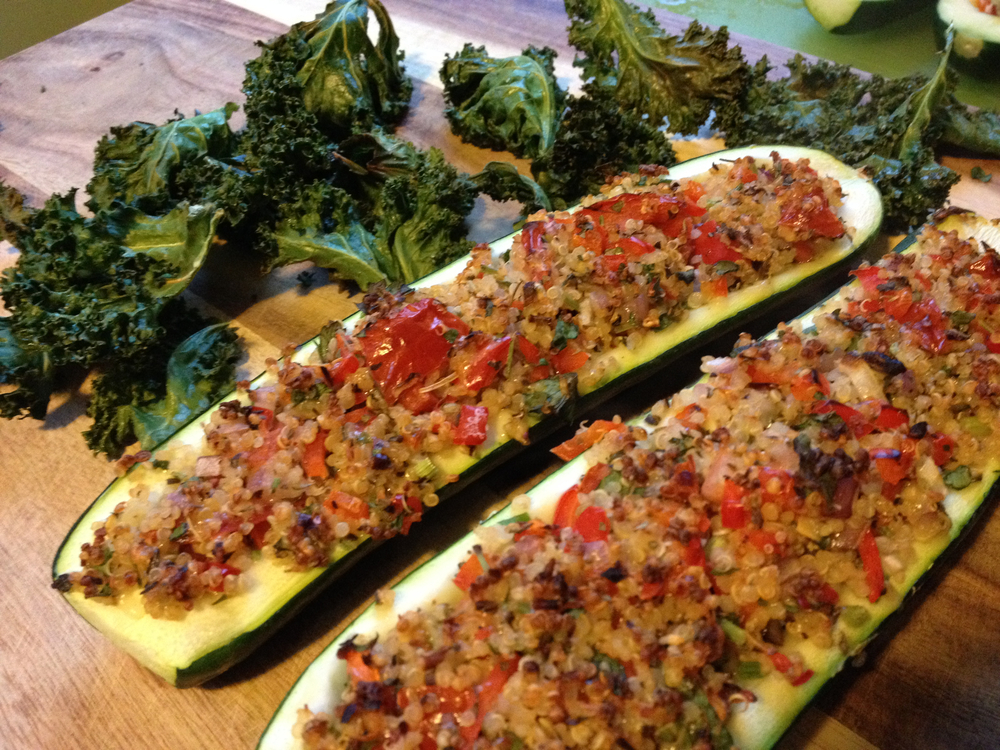 Quinoa Stuffed Zucchini Boats with kale chips - prepped in 20 minutes
