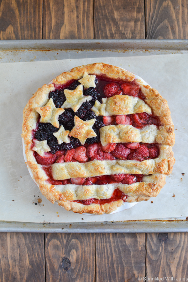 patriotic american flag pie with blackberries and strawberries.