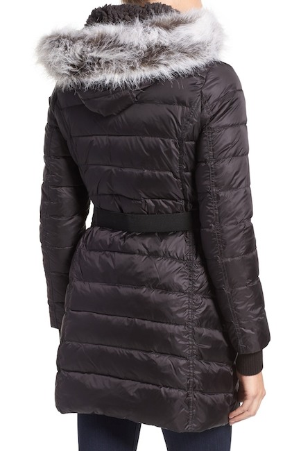 French Connection Womens Belted Zip-Front Puffer with Faux-Fur Hood 