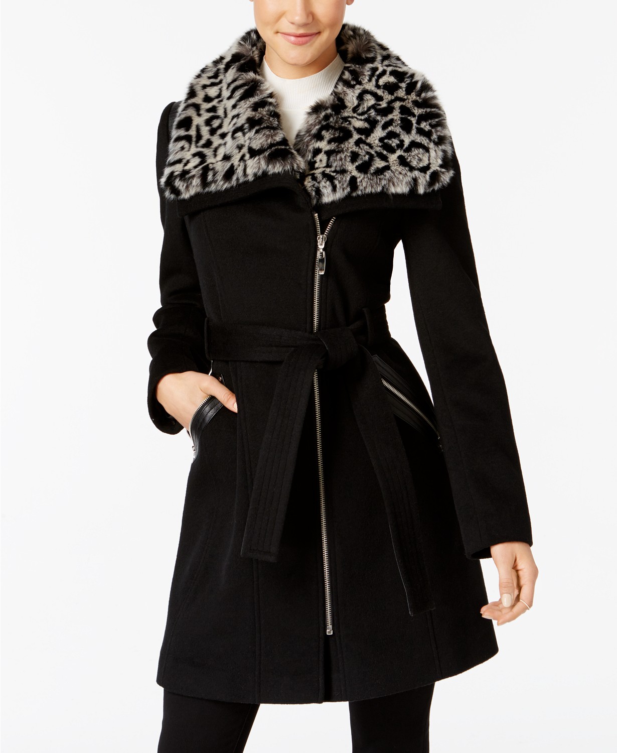Salme Tak rustfri VIA SPIGA Black Wool Coat w/ Faux Leopard Collar — FINDS Sample Sale