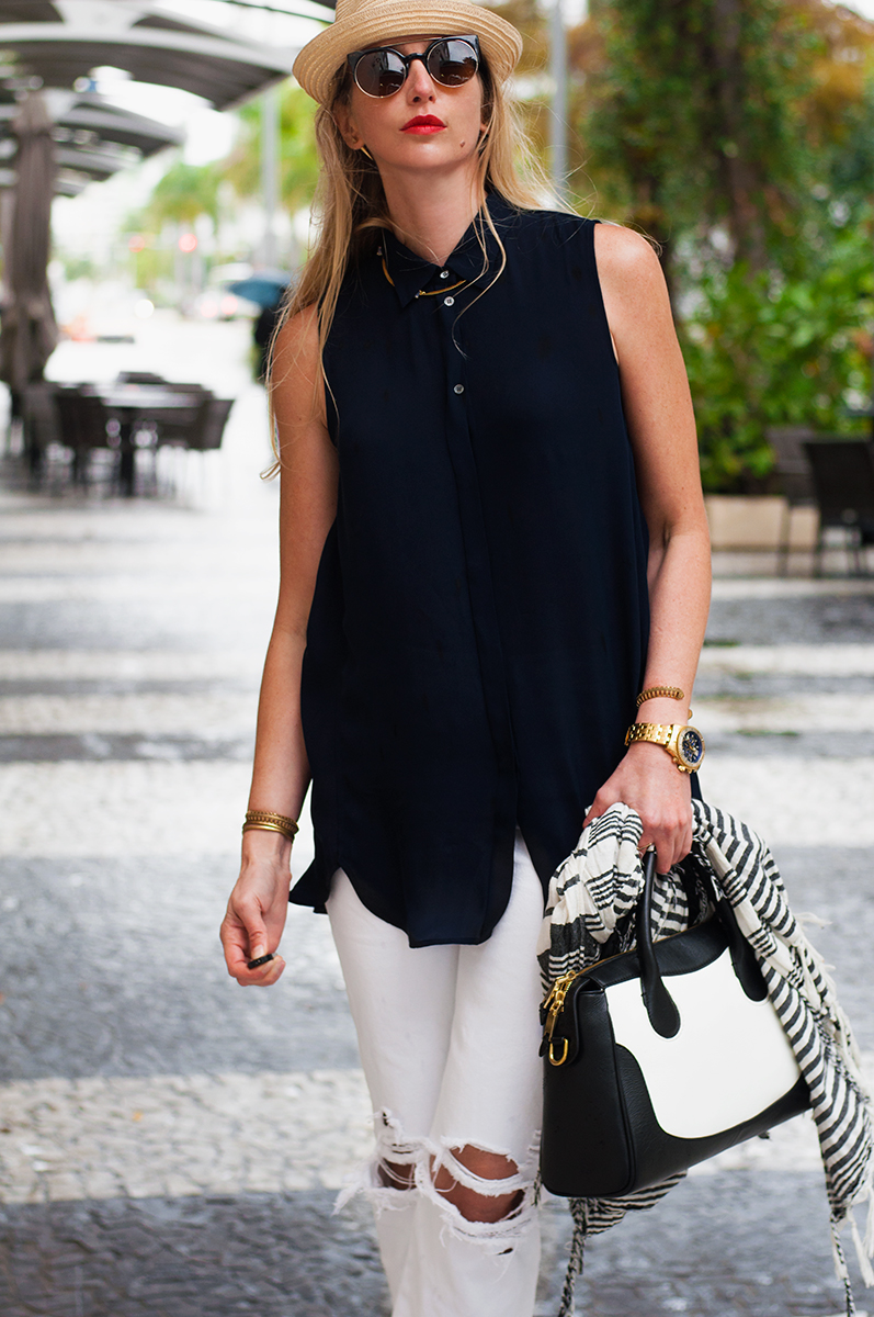 J Crew Sleeveless Silk Blouse and Destructed White Jeans