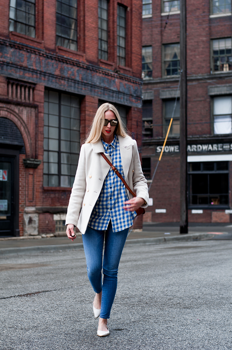 J Crew Majesty Peacoat and Gingham Shirt