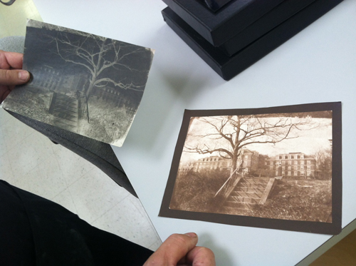 Here is a real waxed calotype negative and a salted paper print made from it. (The Photo Place Bus)