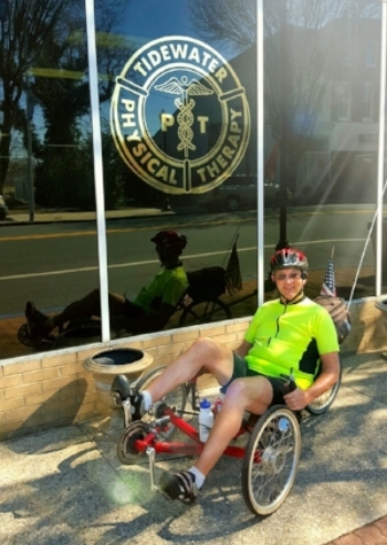 Patient William Hargrove pays a visit to the Pocomoke clinic during a bike ride.