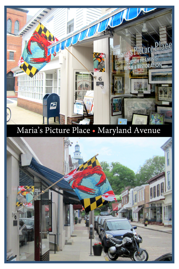 Citizen Pride's Crab House Flag and Oriole Garden Flag on display on Maryland Avenue, Annapolis.