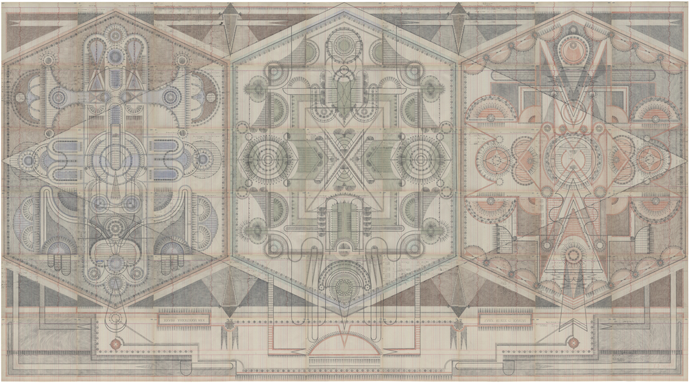  Roman Room  graphite and&nbsp;colored pencil&nbsp;on antique ledger book pages. 82.5 x 150 inches 