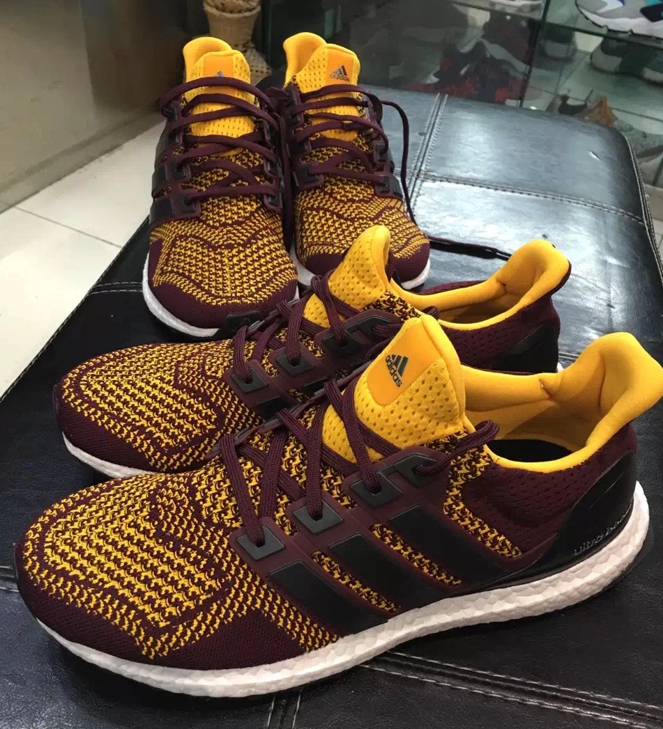 burgundy and yellow sneakers