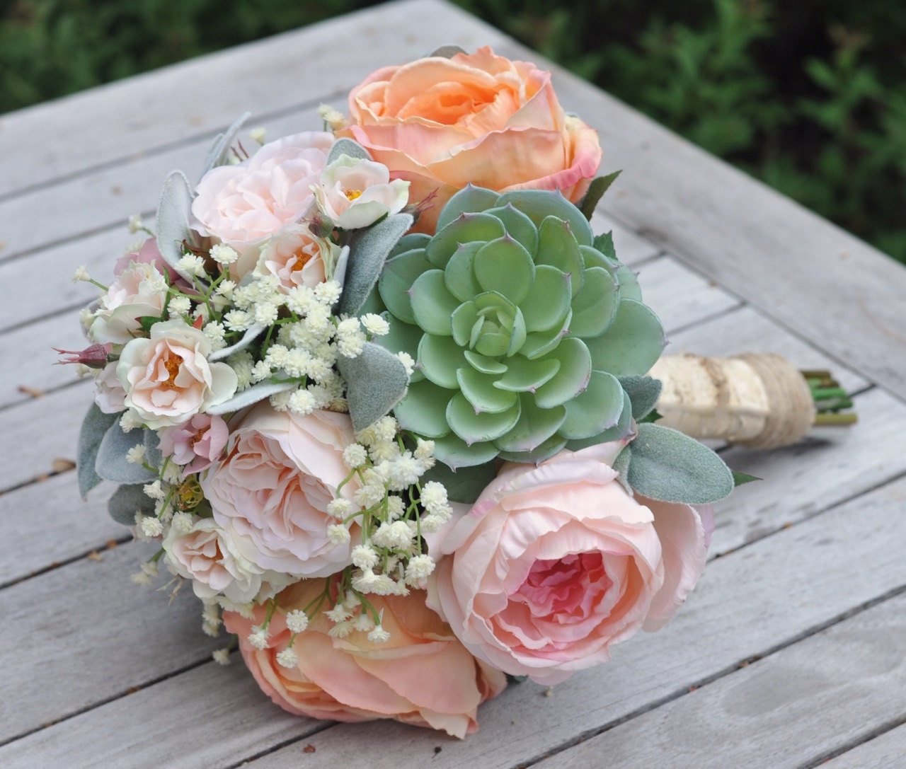 Peach and Pink Cabbage Roses, Succulents, Baby Breath silk flower bouquet.  — Holly's Wedding Flowers
