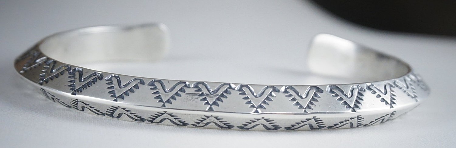 Item #863W- Men's Navajo Solid Sterling SIlver Stamped Thunderbird Symbols  Carinated Cuff Bracelet by Travis Teller —Men's and Women's Sterling Silver  