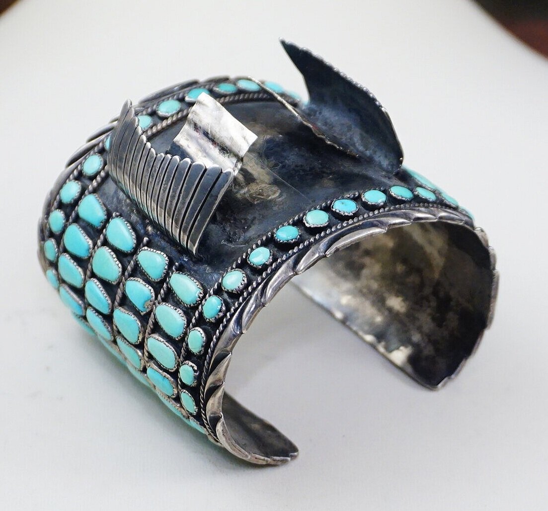 Item #973P- XLG Vintage Wide Zuni 6 Row 112ct Turquoise Cluster Sterling  Silver Watch Cuff by Juan Martinez —Native American Men's Watch Cuffs