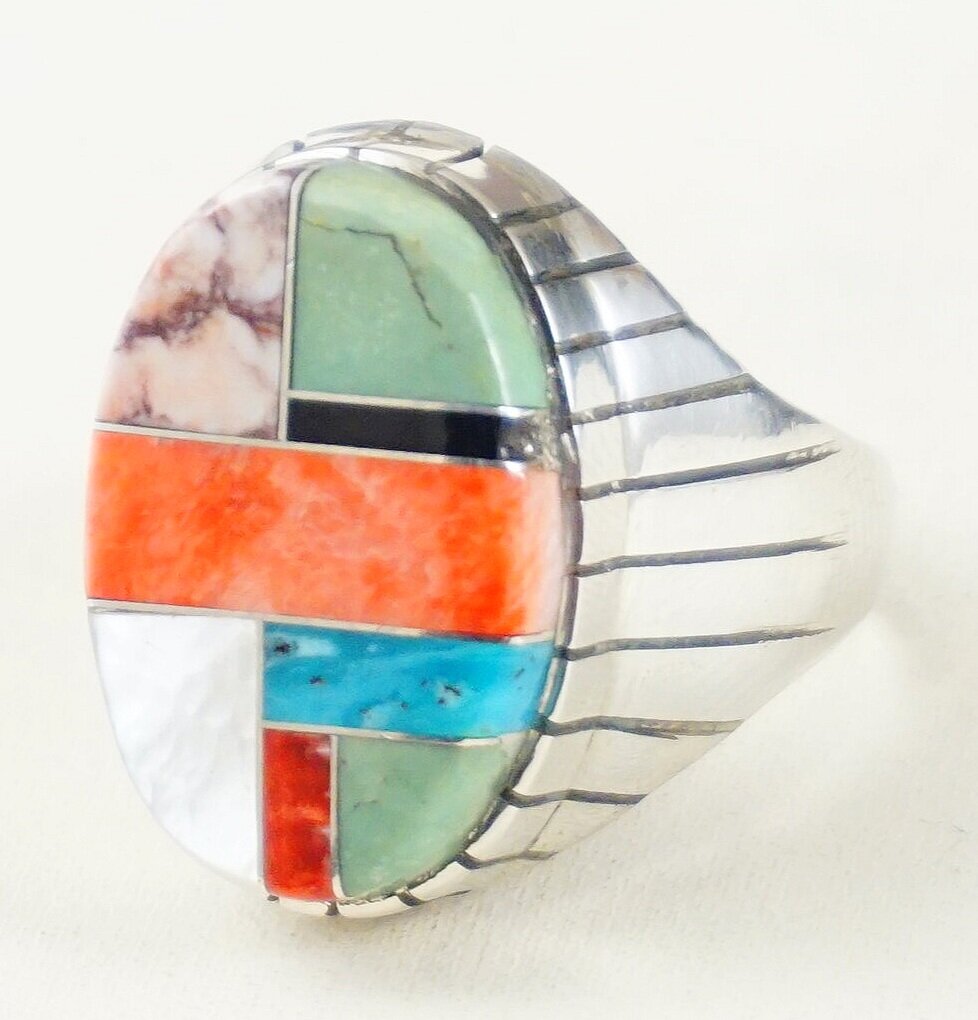 Sterling silver thunderbird ring with lapis lazuli and turquoise inlay work 